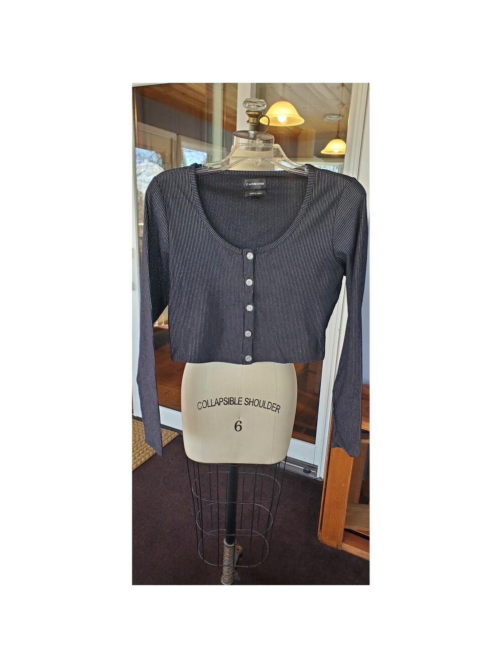 Carbon38 Womens Black Pinstripe Cropped Cardigan Button Front Scoop Neck S